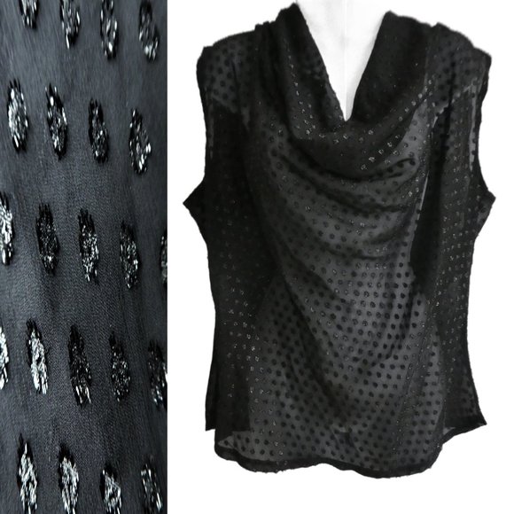 Vintage Tops - Vintage Lilly of California Sleeveless Blouse Black Sheer Cowl Neck Sparkley L